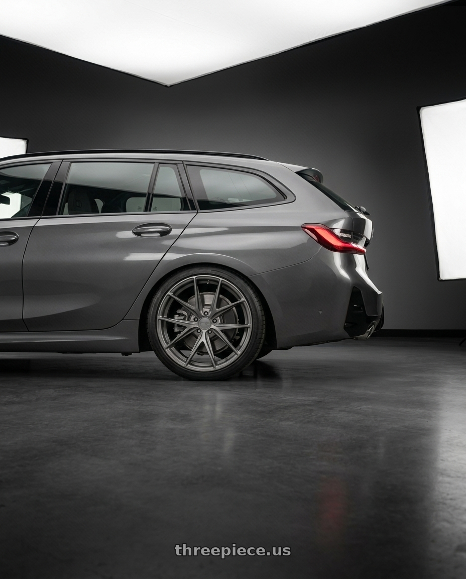 2024 Bmw G21 with Niche 1PC M116 MISANO 5X112 18X8 +30 MATTE GUN METAL wheels rear three quarter view square tires