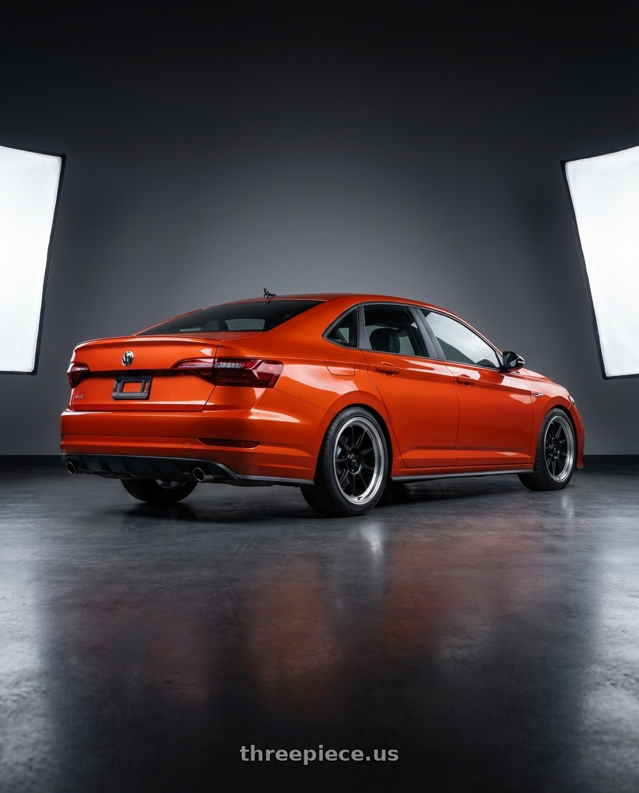 2023 Volkswagen Jetta GLI MK7 with Konig Countergram 5x112 18x8.5+43 Matte Black / Matte Machined Lip wheels rear three quarter view square tires