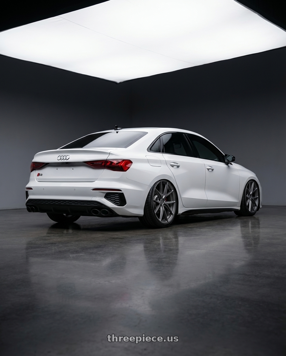 2024 Audi S3 8Y with Niche 1PC M116 MISANO 5X112 19X9.5 +50 MATTE GUN METAL wheels rear three quarter view slight stretch tires