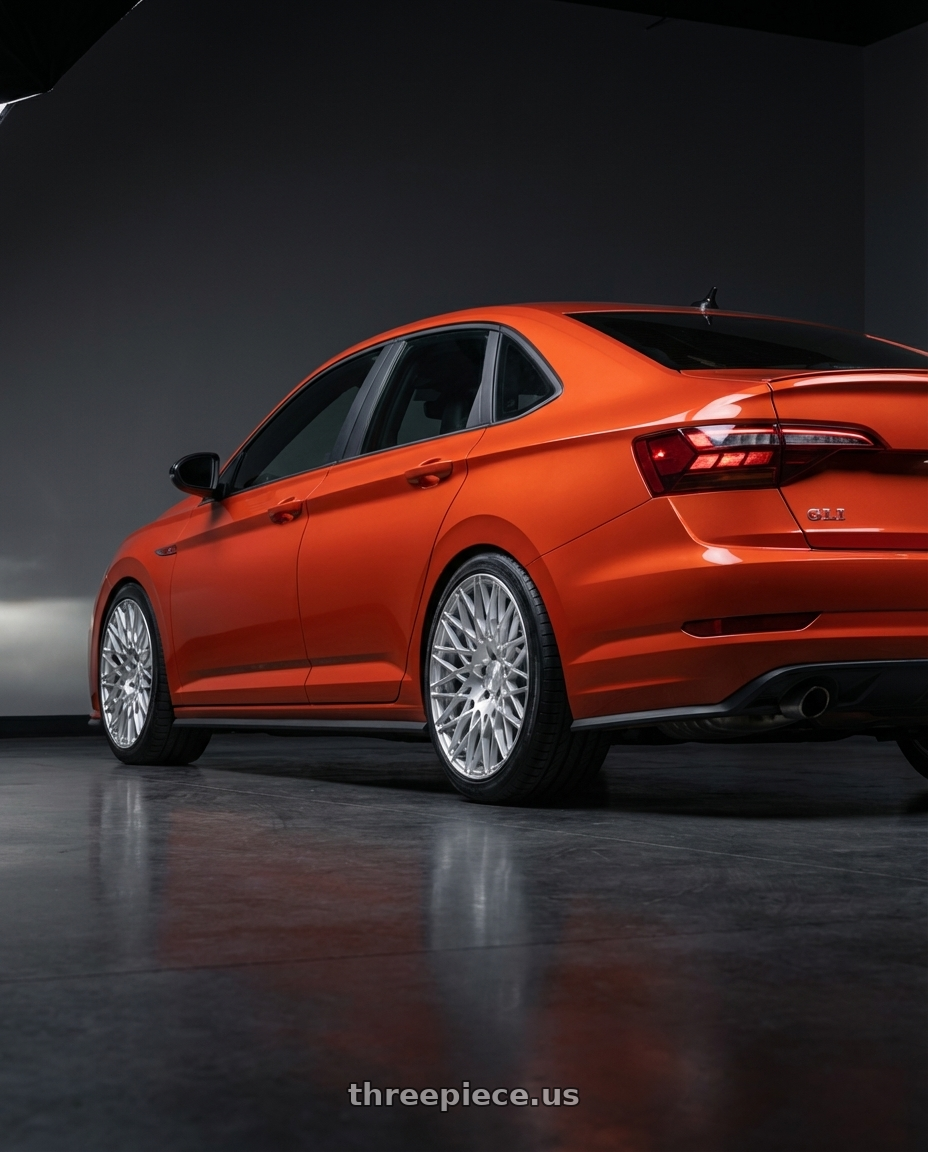 2023 Volkswagen Jetta GLI MK7 with Avant Garde Wheels M540 5X112 18x9 +48 Silver Machined wheels rear three quarter view square tires