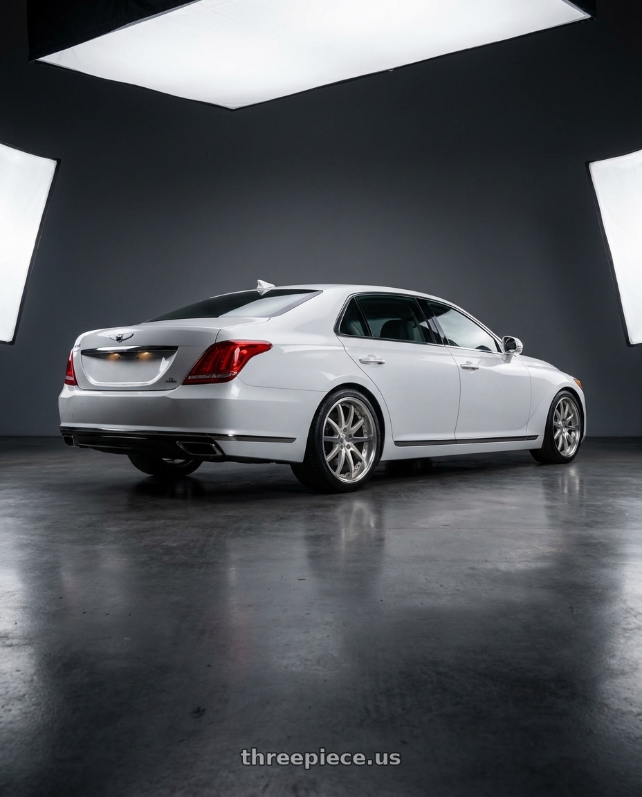 2018 genesis g90 ultimate with Work Gnosis Cvx 5x114.3 20x8.5+38 H Disk Composite Buffed And Brushed wheels rear three quarter view square tires