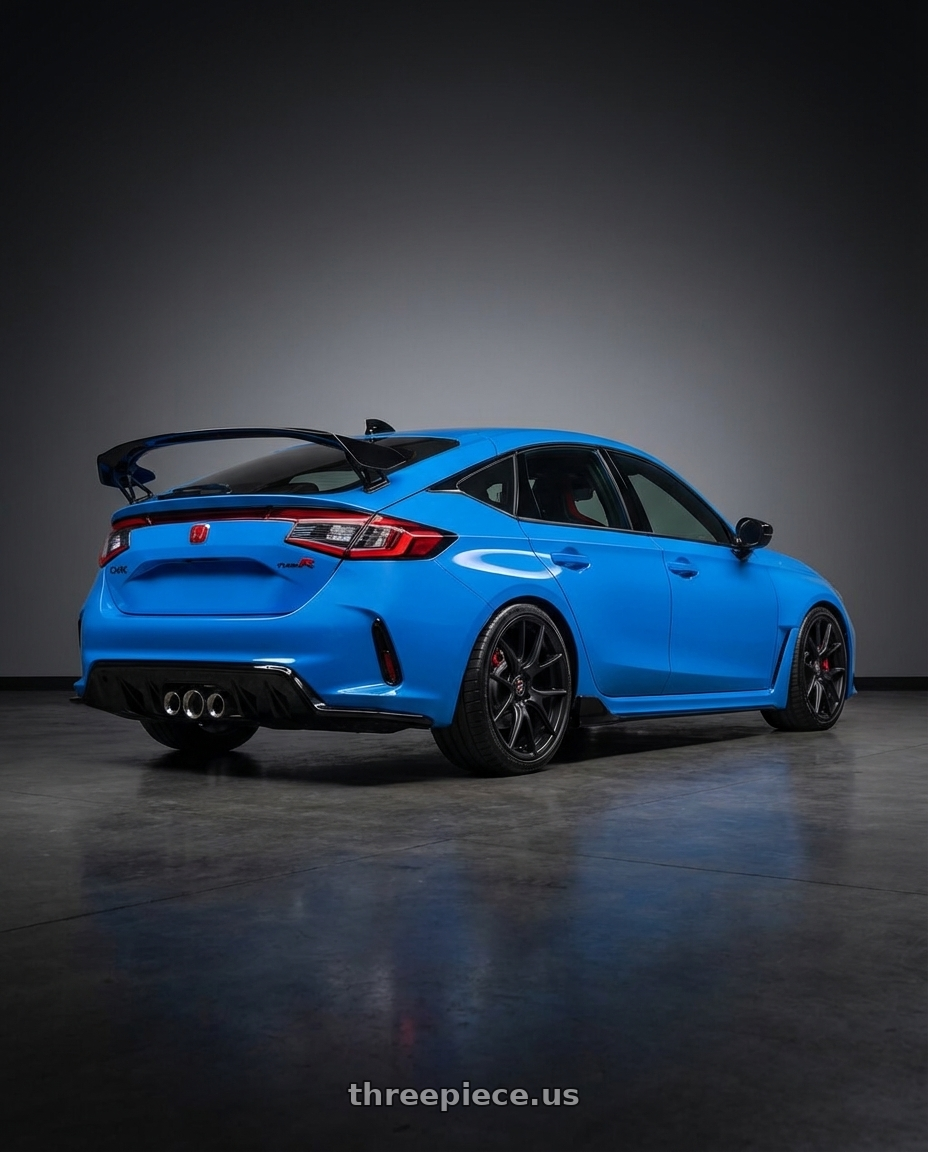 2024 Honda Civic Type R with Forgestar CF5V 5x120 19x9 +38 Satin Black wheels rear three quarter view square tires