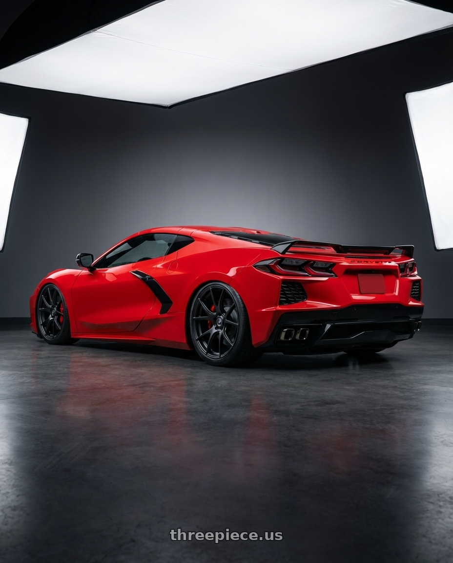 2024 Chevrolet Corvette C8 with Forgestar CF5V 5x120.65 19x9.5 +50 Satin Black wheels rear three quarter view slight stretch tires