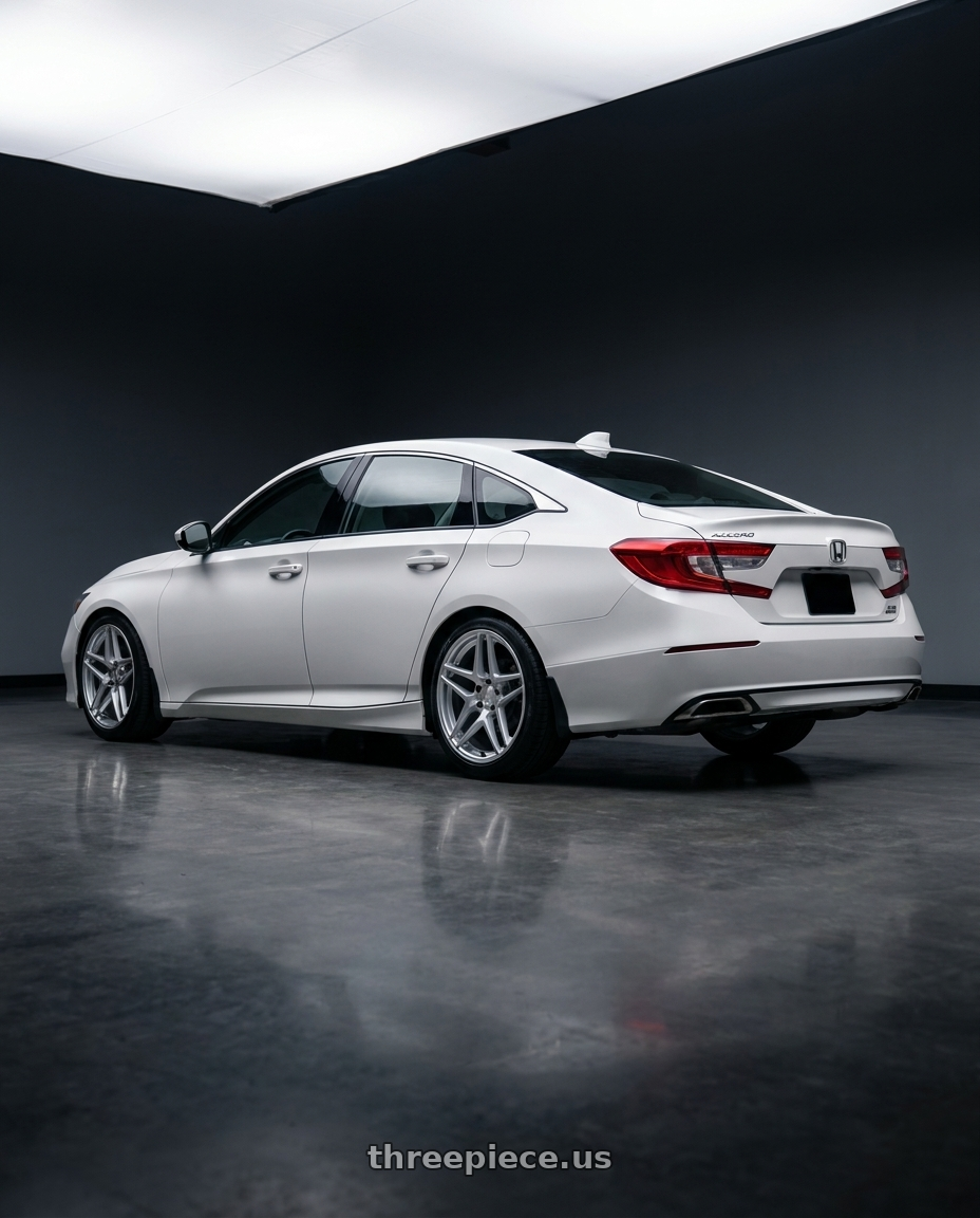 2018 Honda accord with Kansei K15H Astro 5X112 19x8.5 35 Hyper Silver wheels rear three quarter view square tires
