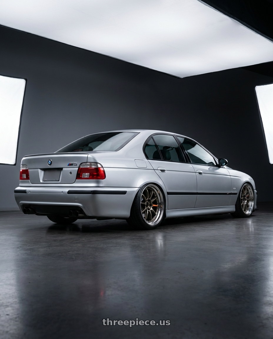 2000 bmw m5 with Work Emotion Zr10 5x100 18x10.5 +12 Titanium Diamond Lip Cut wheels rear three quarter view slight stretch tires