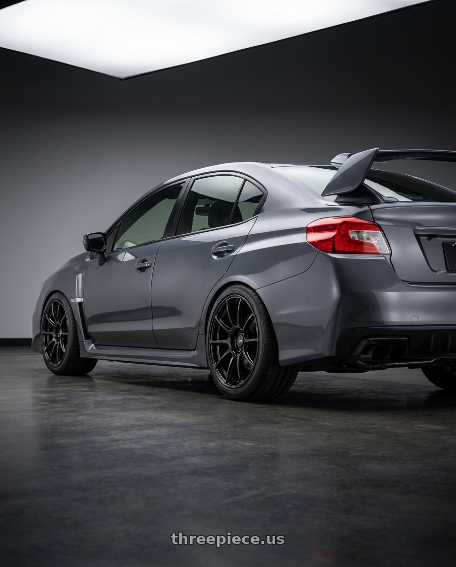 2021 WRX STI with Enkei Triumph 5x114.3 18x9.5+38 Gloss Black wheels rear three quarter view meaty tires