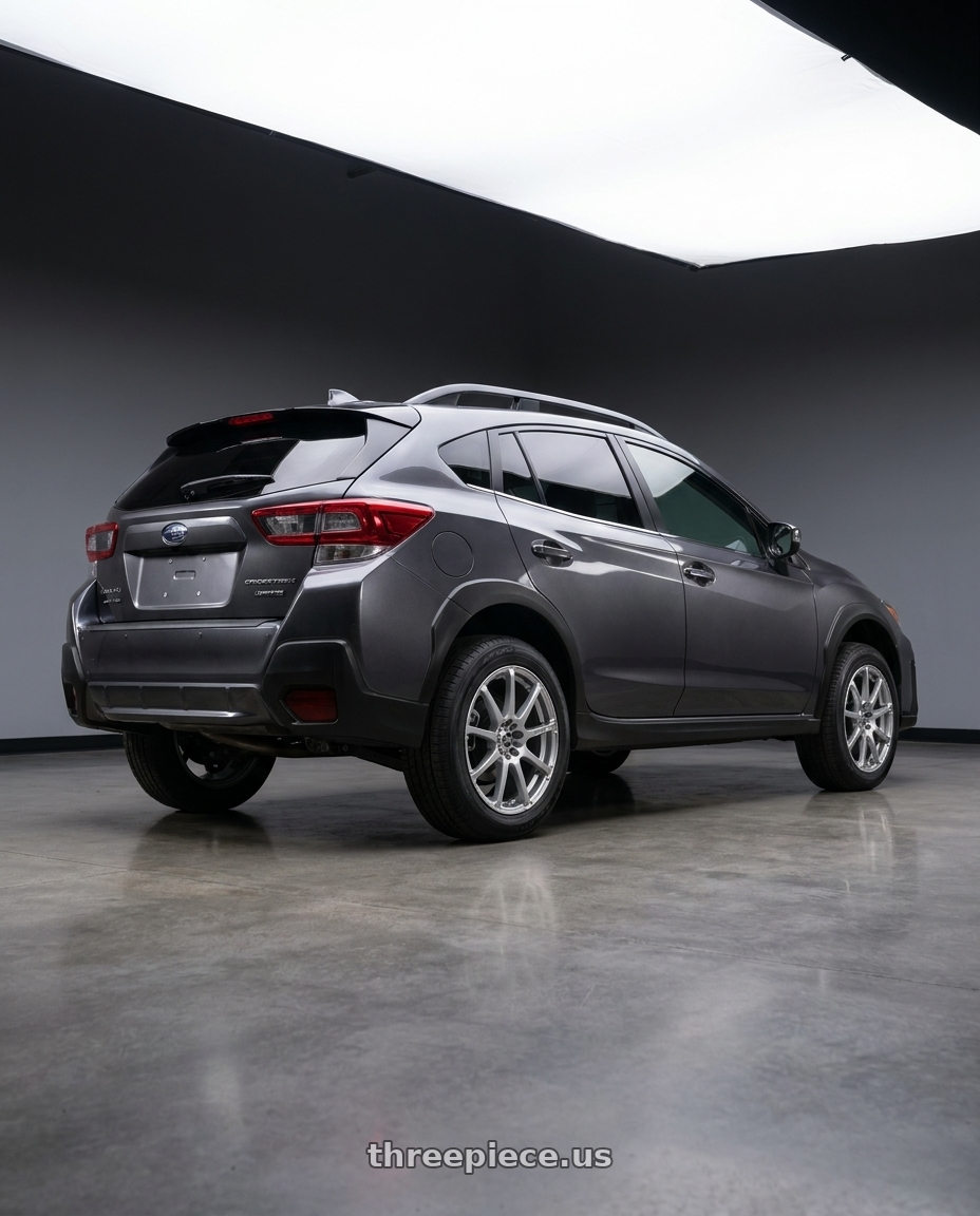 2021 Subaru Crosstrek Limited with Enkei EDR9 5x100/114.3 17x8+45 Silver wheels rear three quarter view square tires