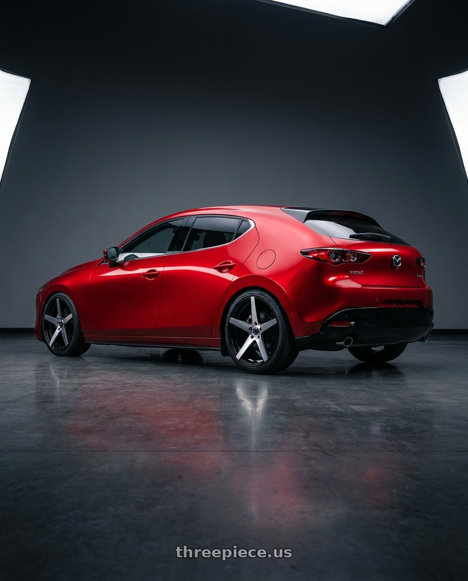 2025 Mazda 3 with MARQUEE WHEELS M1001 5x114.3 20x10.5+38 BLACK / MACHINE wheels rear three quarter view square tires