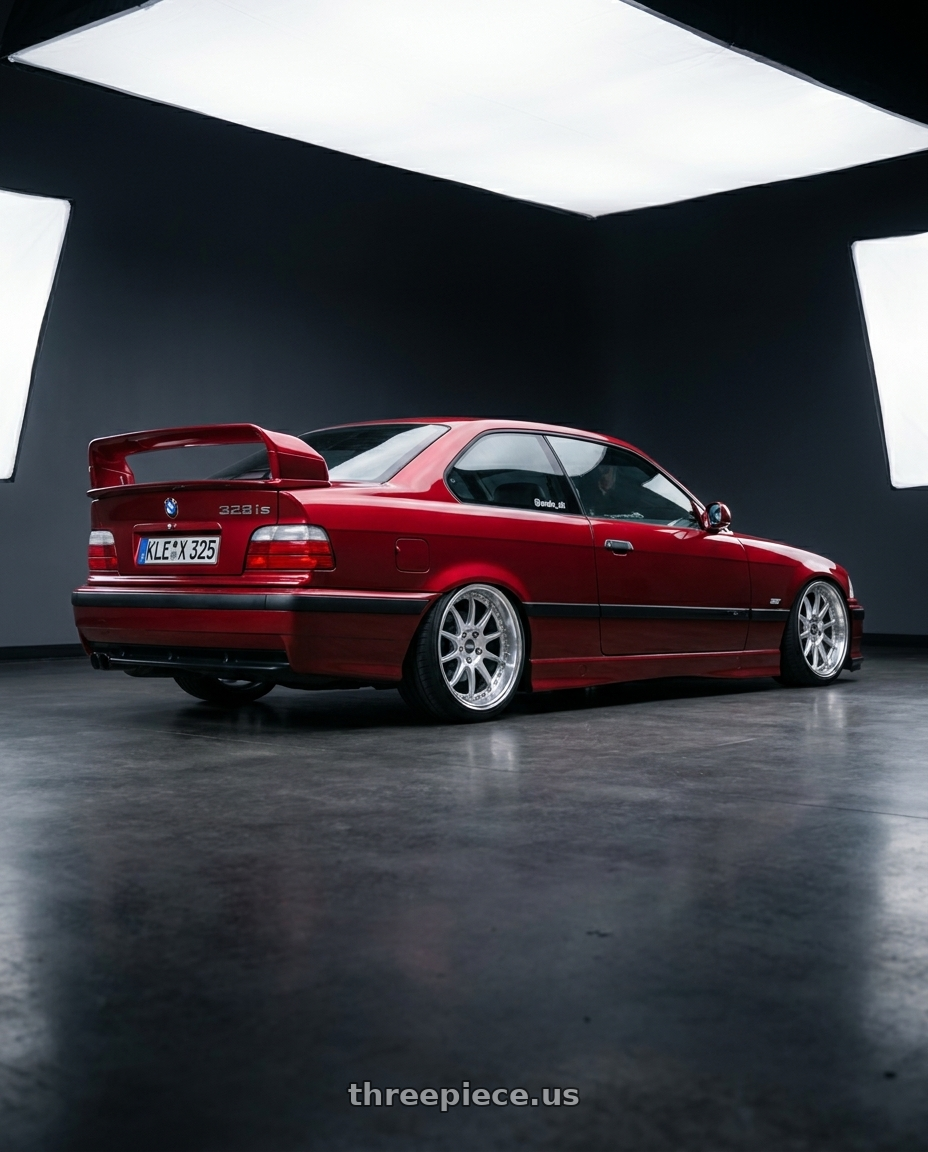1996 BMW E36 328is with ESR Wheels CS SERIES CS12 5x100 18x8.5 +30 Hyper Silver wheels rear three quarter view slight stretch tires