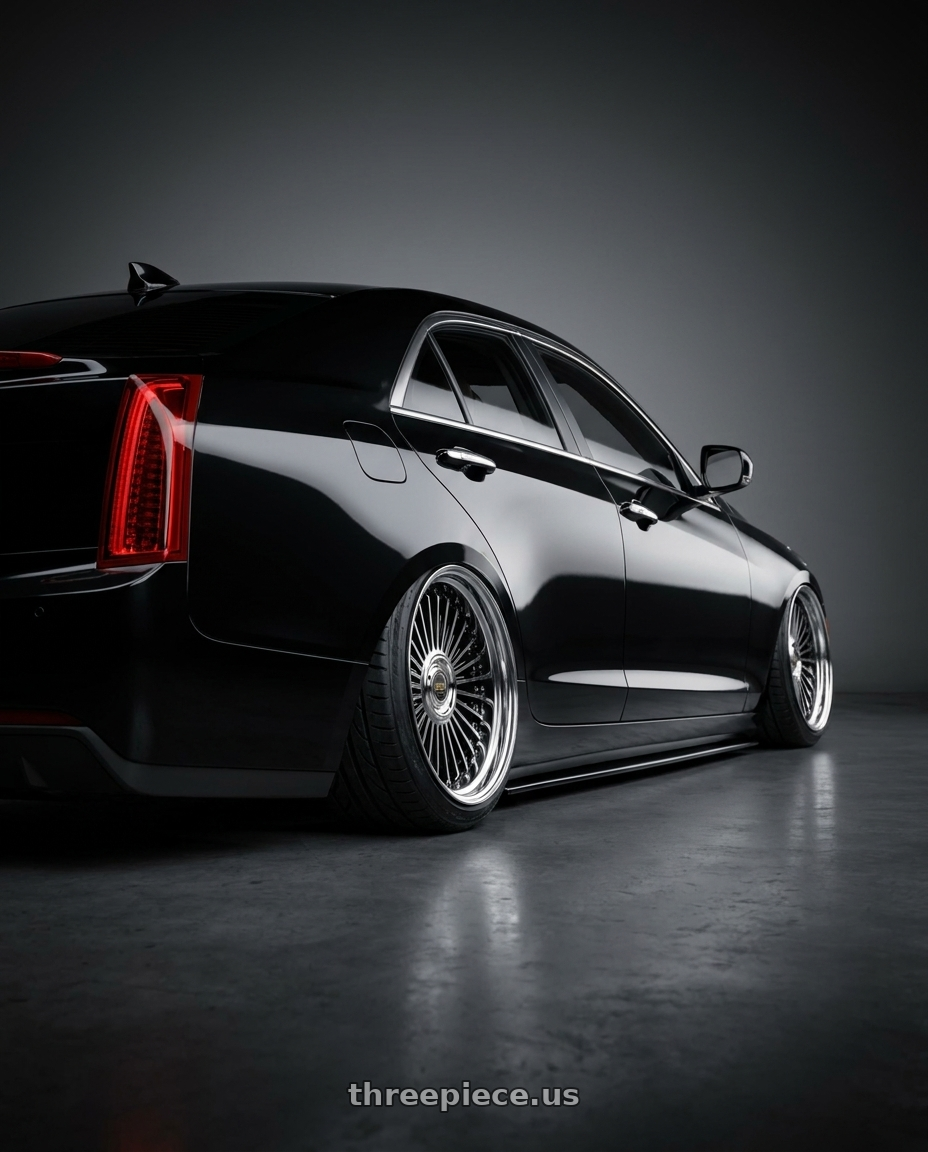 2017 Cadillac ats with Work Emitz Black Polish 5x115 20x9.0 +45 wheels rear three quarter view extreme stretch tires