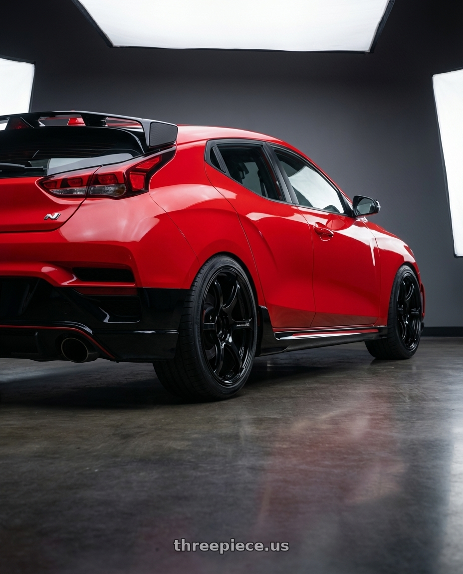 2022 Hyundai Veloster N with Advan RGIII 5x114.3 19x10.5+15 Gloss Black wheels rear three quarter view square tires
