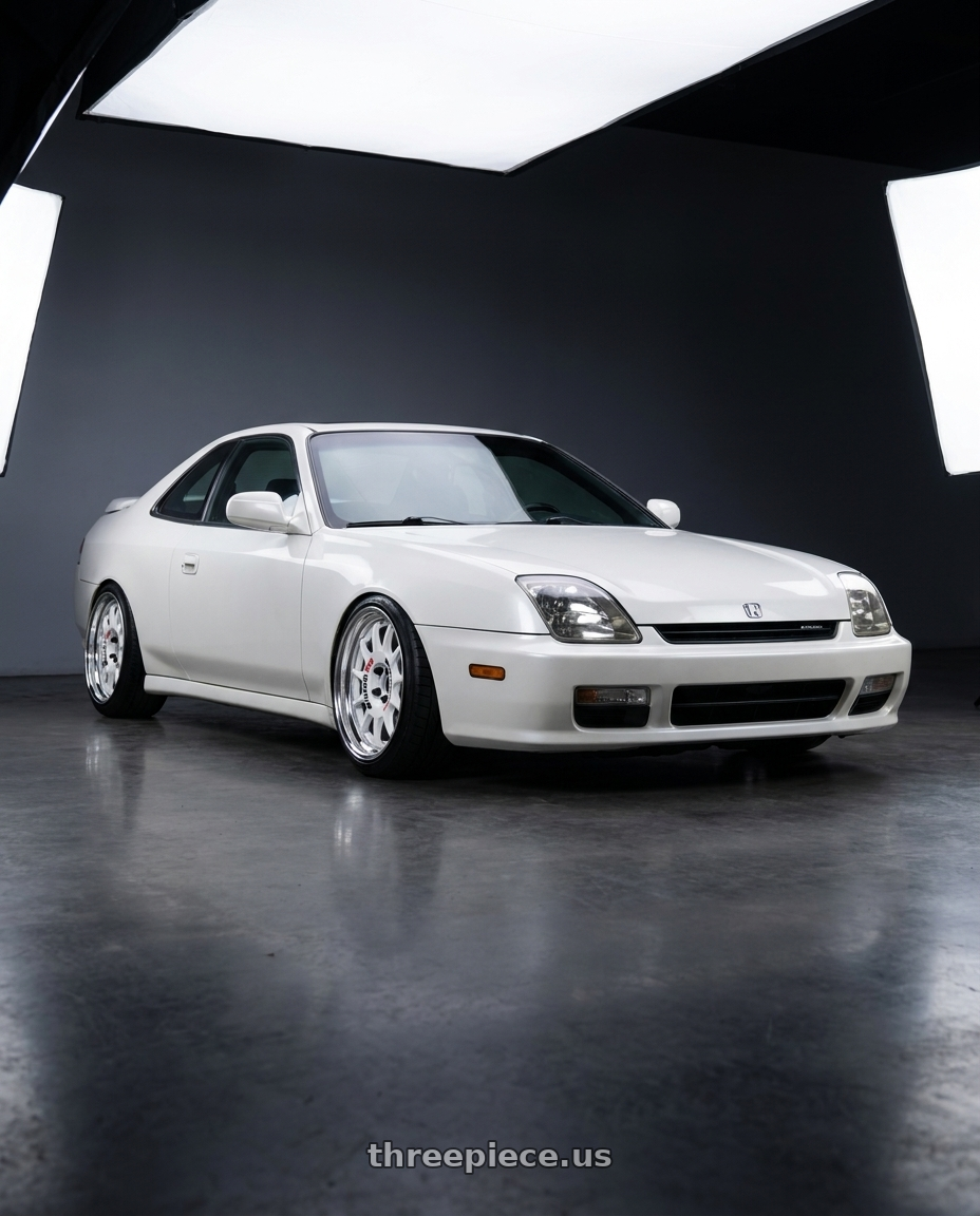 2000 Honda Prelude with Work Emotion Rs11 2p 5x114.3 17x10 30 white wheels front three quarter view lowered stance