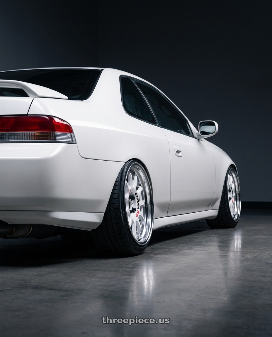 2000 Honda Prelude with Work Emotion Rs11 2p 5x114.3 17x10 30 white wheels rear three quarter view extreme stretch tires