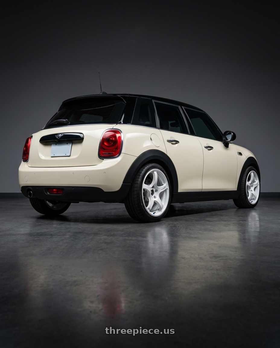 2015 mini cooper 5 door with Advan Racing TC4 4x100 16x7.0 +42 RACING WHITE METALLIC & RING wheels rear three quarter view square tires