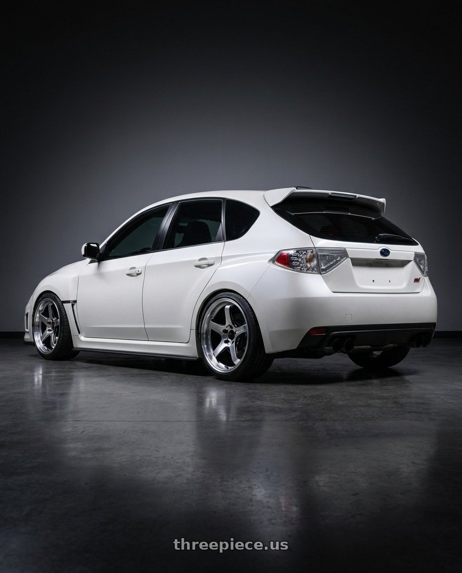 2010 subaru Impreza Wrx STI A line white  with Advan Racing GT BEYOND-R 5x114.3 18x10.5 +15 MACHINING & DIAMOND CUTTING wheels rear three quarter view slight stretch tires