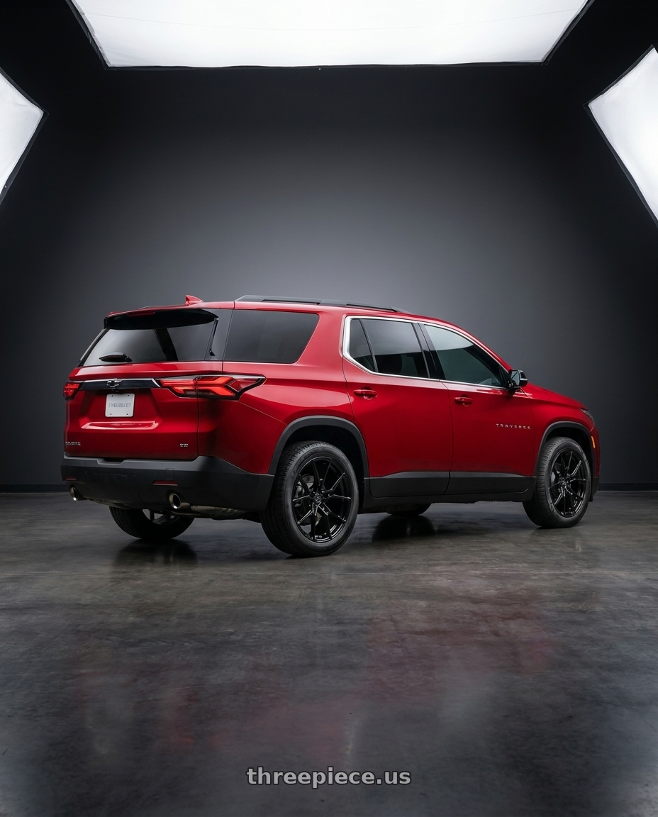 2026 Chevrolet traverse with E5 Wheels Daytona 5x120.65 19x10+30 BK wheels rear three quarter view square tires