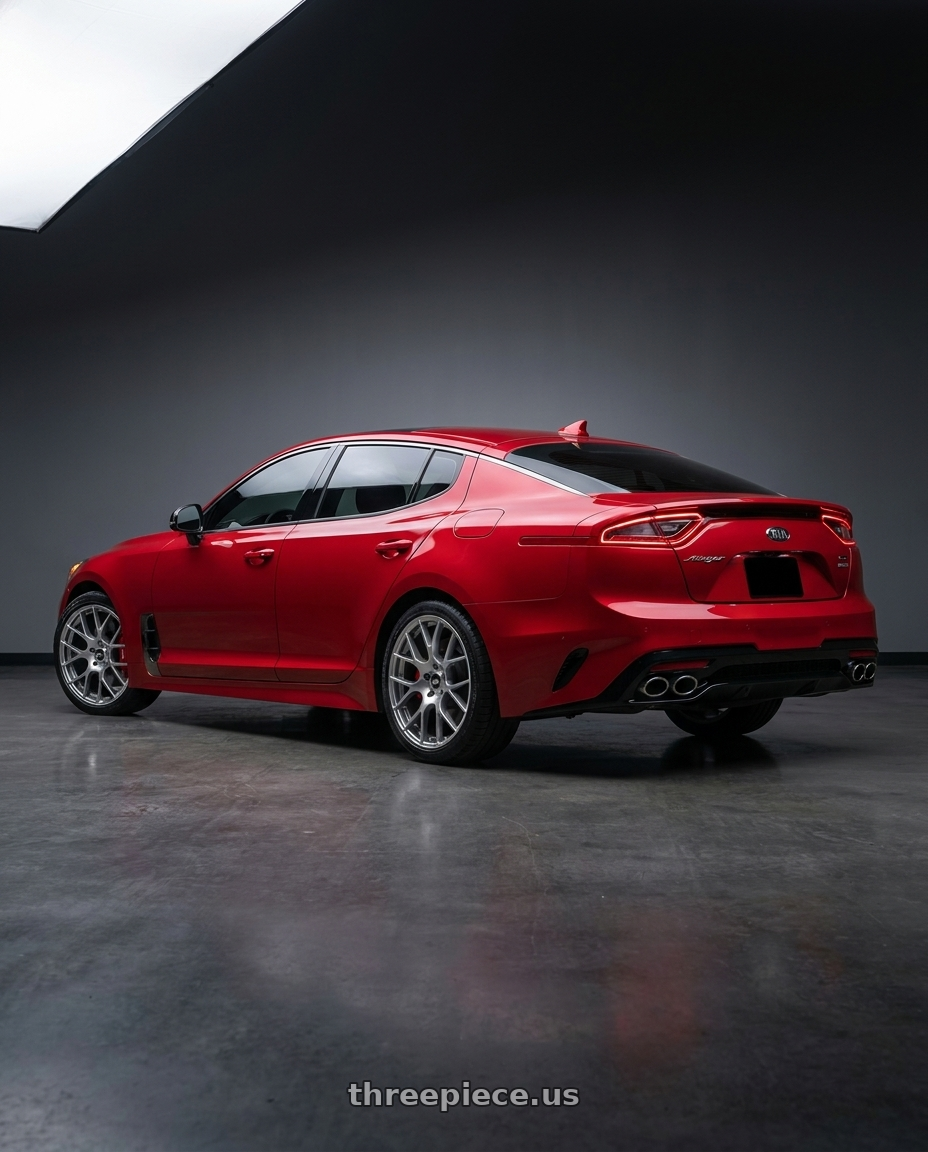 2018 Kia Stinger GT2 AWD with Enkei Raijin 5x114.3 19x8.5+35 Hyper Silver wheels rear three quarter view square tires