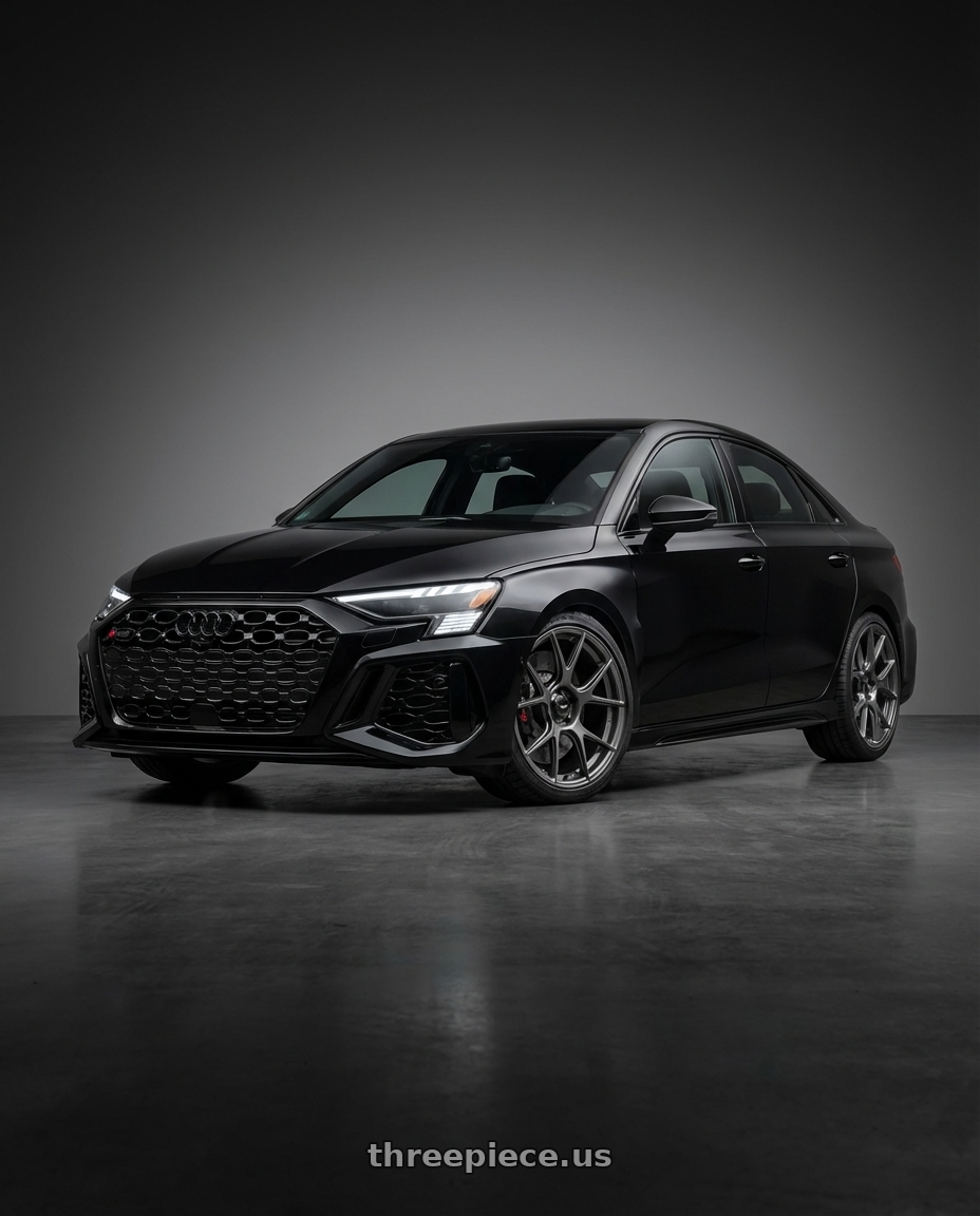 2022 Audi RS3 8Y with Konig Ampliform 5x112 19x8.5+32 Dark Metallic Graphite wheels front three quarter view lowered stance