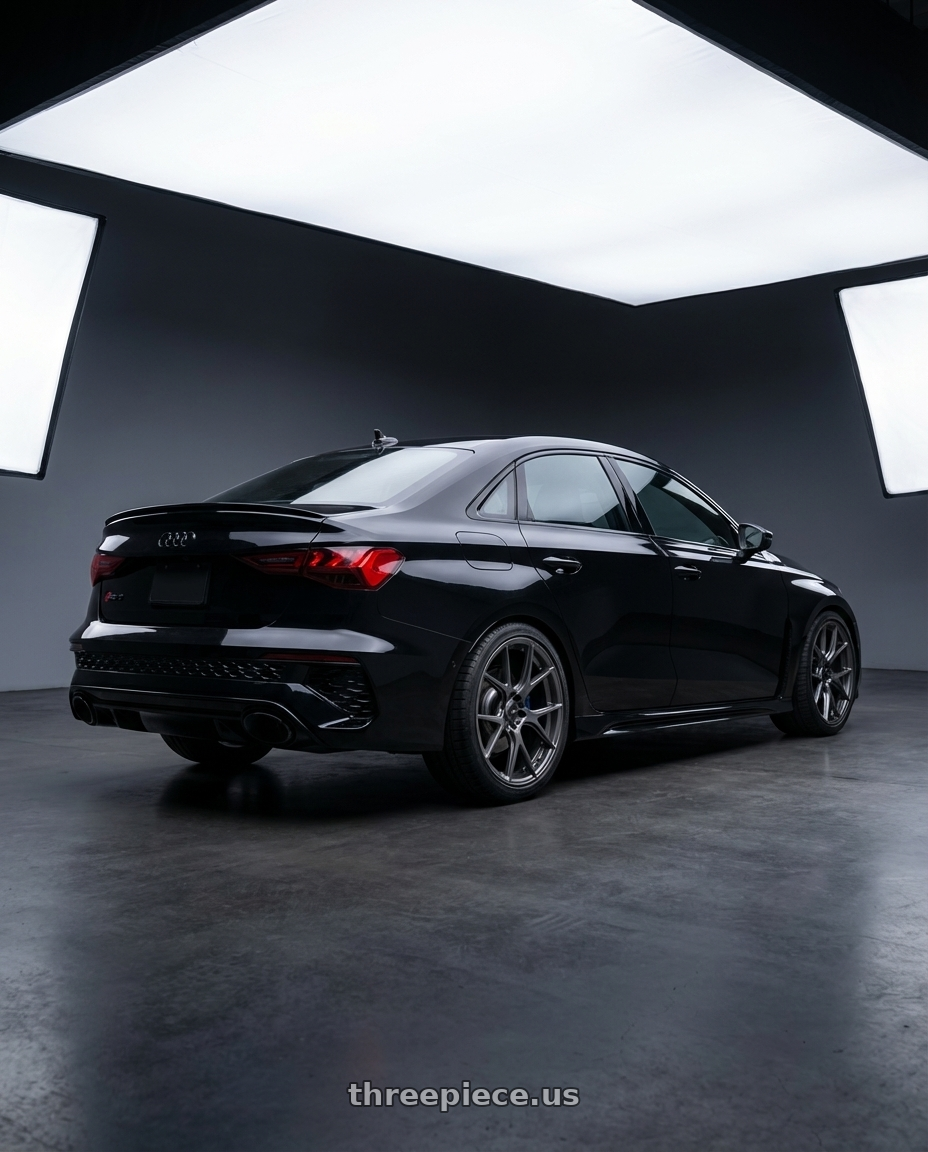 2022 Audi RS3 8Y with Konig Ampliform 5x112 19x8.5+32 Dark Metallic Graphite wheels rear three quarter view square tires