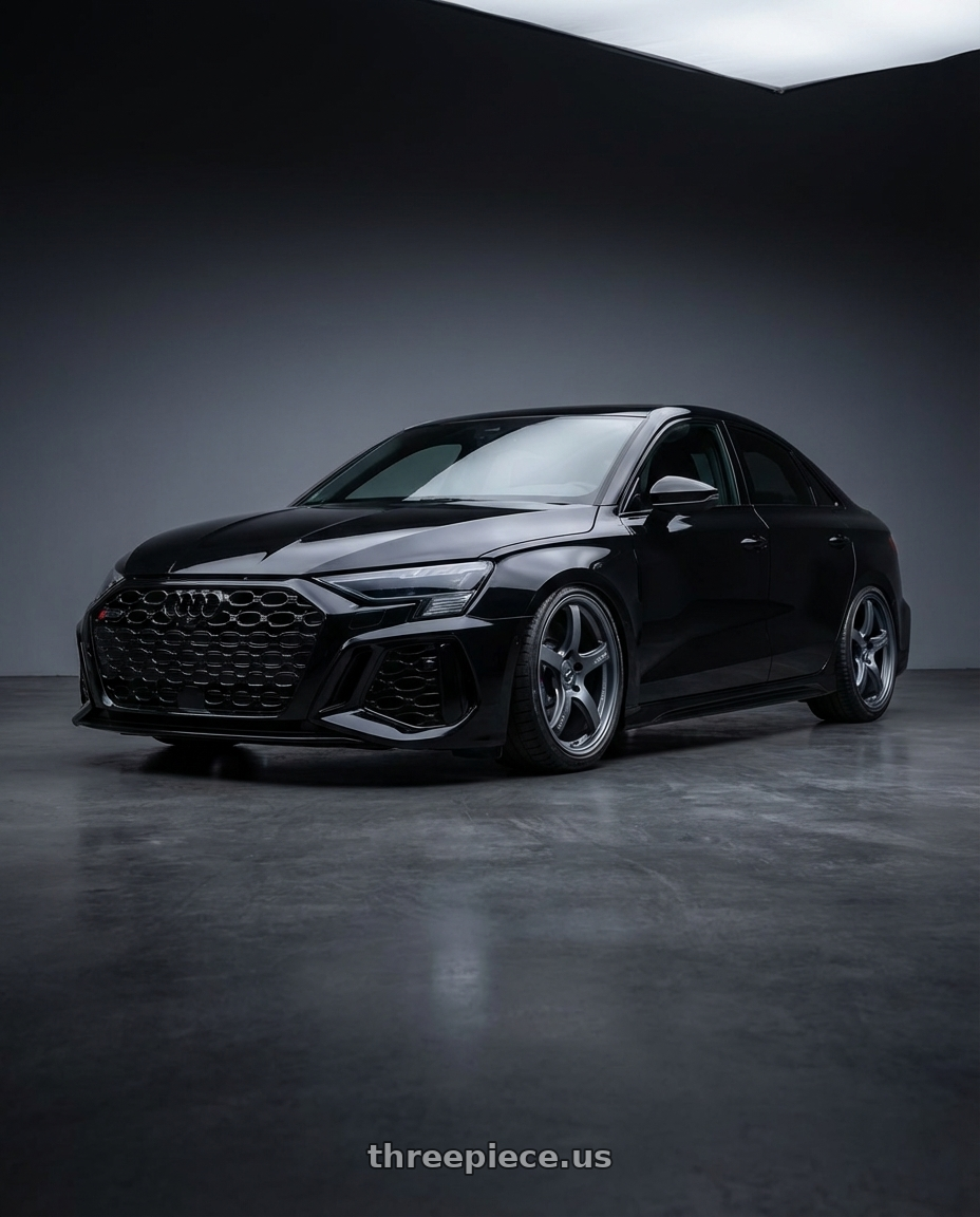 2022 Audi RS3 8Y with Gram Lights 57CR 5x112 19x10.5+35 Gunblue II wheels front three quarter view stanced stance