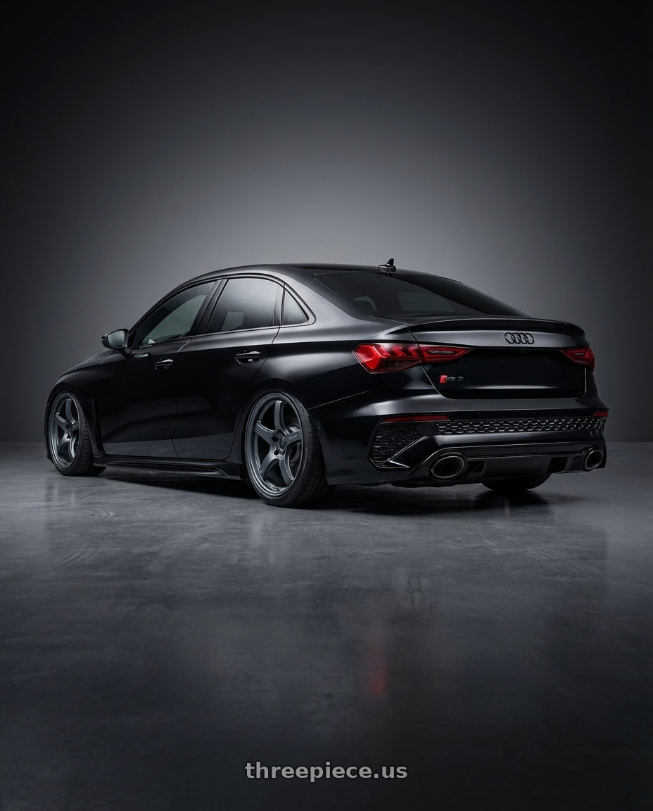 2022 Audi RS3 8Y with Gram Lights 57CR 5x112 19x10.5+35 Gunblue II wheels rear three quarter view slight stretch tires