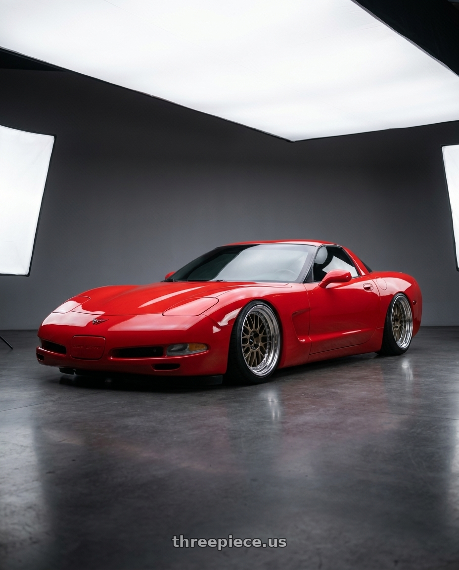 2001 red Chevy corvette base with Work Meister M1 3p 5x120.65 19x12.5-90 T Disk Titanium Gold wheels
