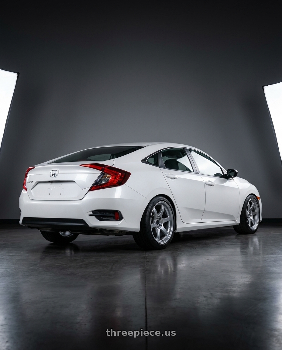 2021 Honda Civic LX Sedan Platinum White Pearl with Gram Lights 57DR 5x114.3 18x9.5+38 Grace Silver wheels rear three quarter view meaty tires