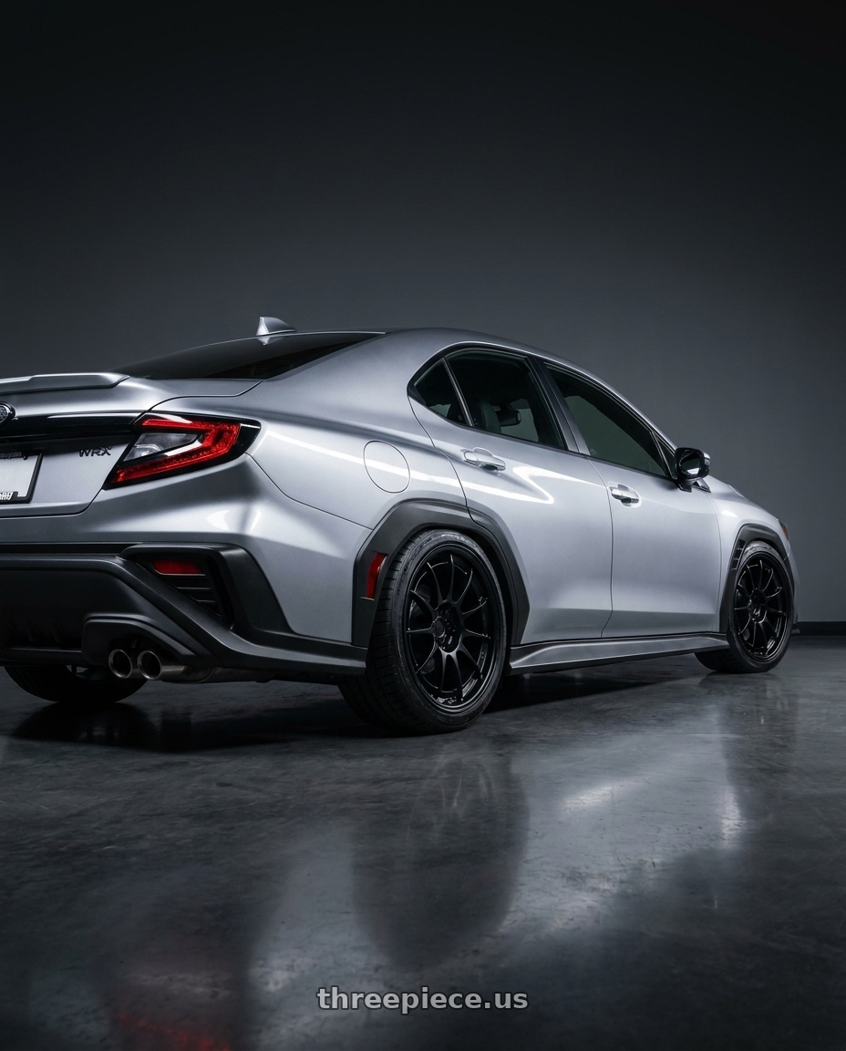 2026 Subaru WRX Limited Ice Silver Metallic with Enkei NT03+M 5x114.3 18x9.5+40 Black wheels rear three quarter view slight stretch tires