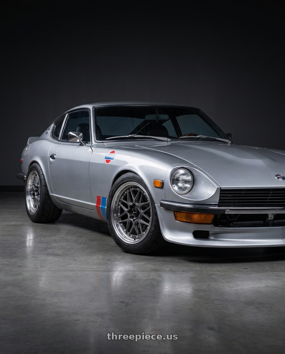 datsun 260Z 1974 with Vors VR7 4x100/4x114.3 16x8  +20 Gun Metal Machine Lip Chrome Rivet wheels