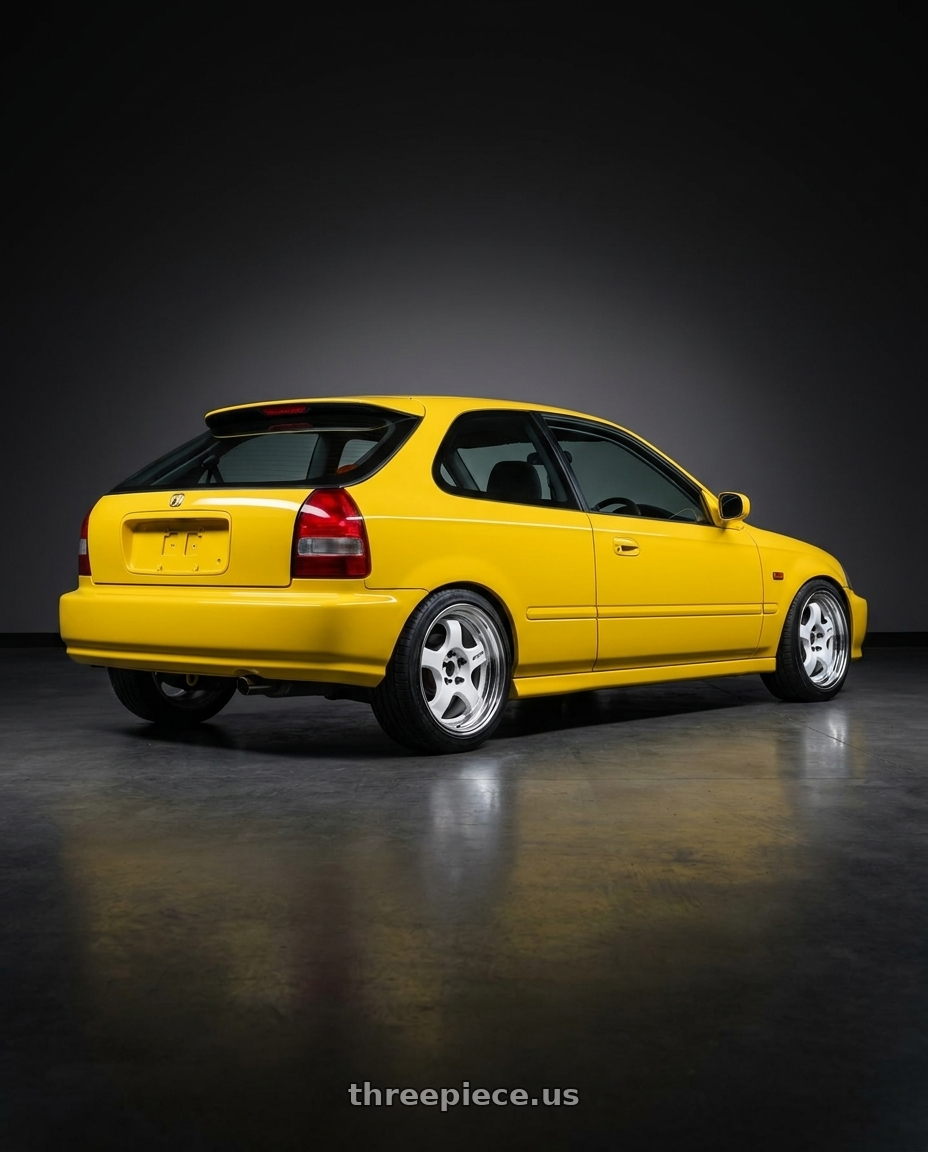 1997 honda civic Cx yellow  with Work Meister S1 2P 4x100 15x7+38 O Disk White wheels rear three quarter view square tires