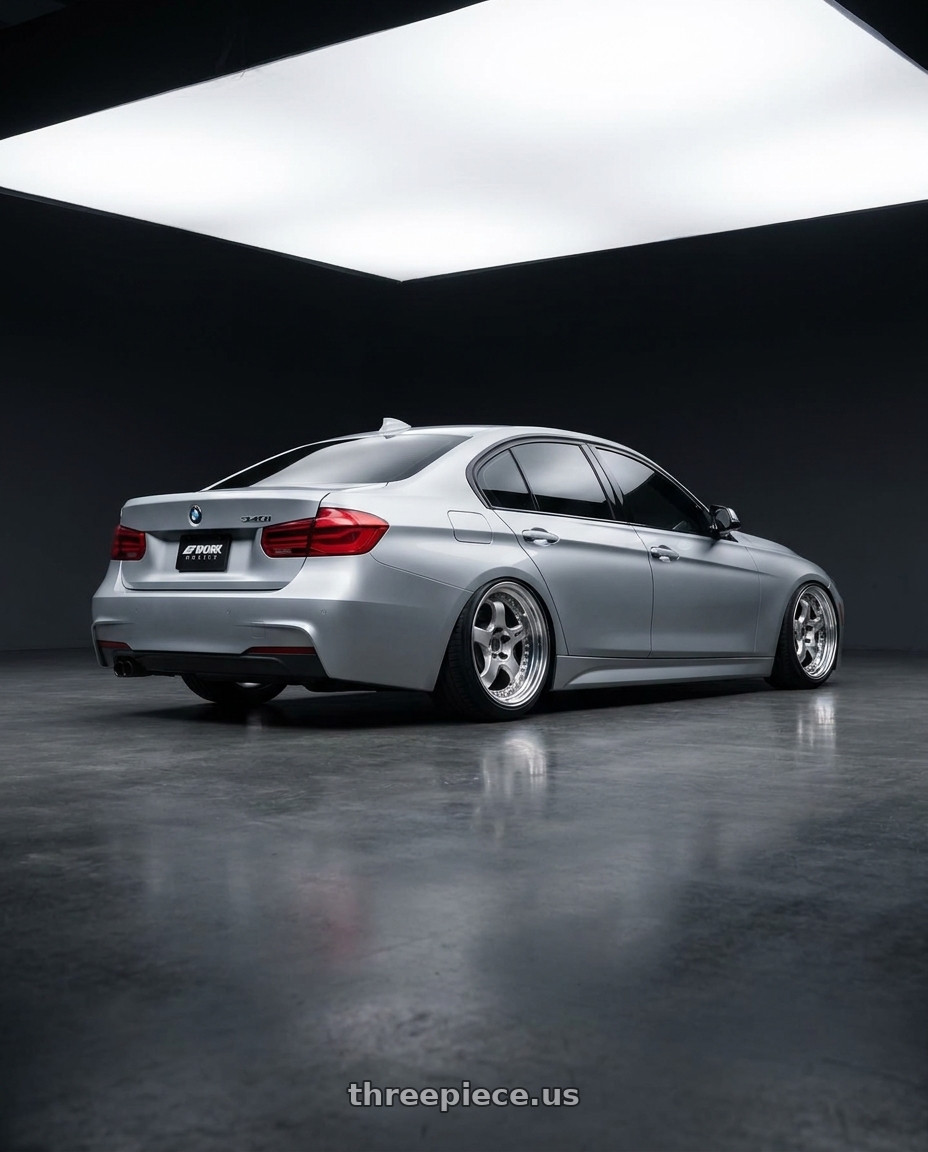 2017 BMW 340i with Work Meister S1 3P 5x120 19x8.5+45 L Disk Bright Buff Finish wheels rear three quarter view meaty tires