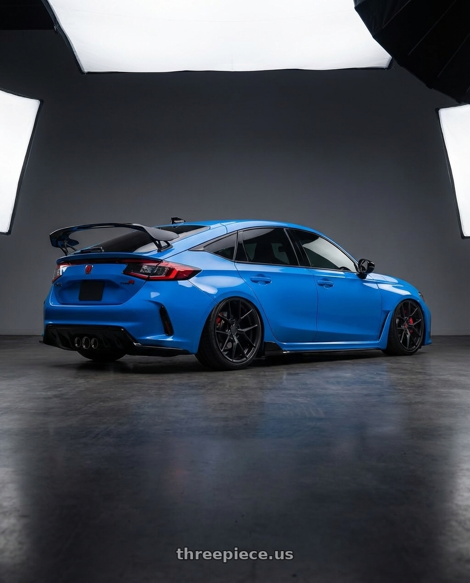 2024 Honda Civic Type R with Avant Garde Wheels M510 5X120 19x8.5 +33 Matte Black wheels rear three quarter view slight stretch tires