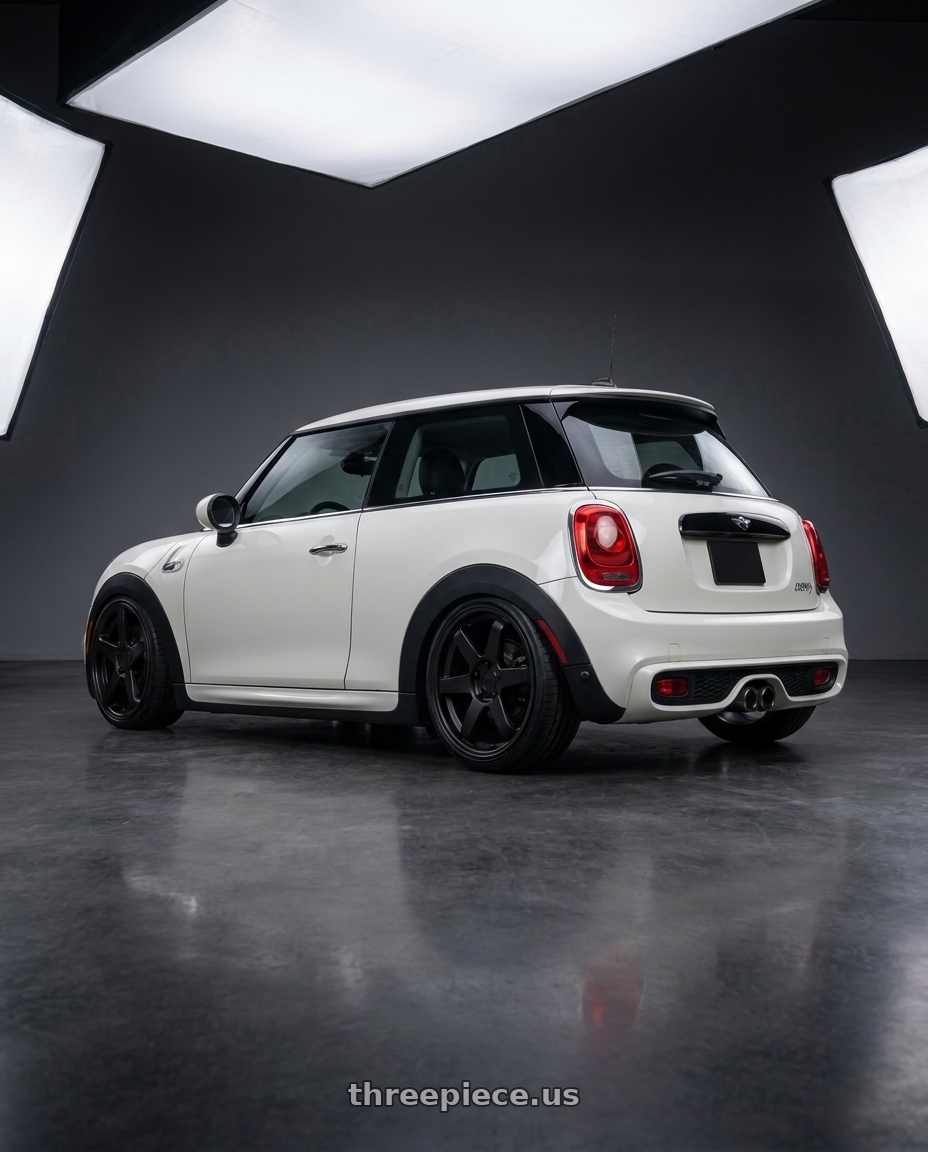 2017 mini cooper with KATANA RACING KR08 5x112 18x8 +40 Matte Black wheels rear three quarter view square tires
