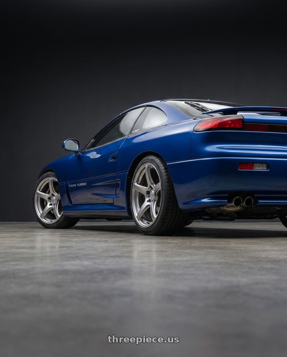 1994 Dodge Stealth with Work Emotion T5r 5x114.3 17x8 +35 Glow Silver wheels rear three quarter view square tires