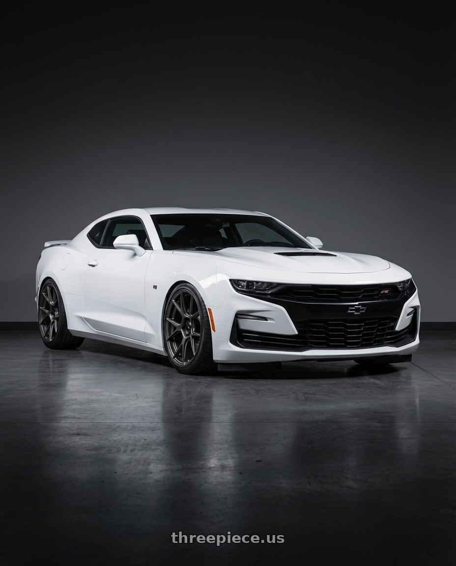 2022 Chevrolet Camaro with Konig Ampliform 5x120 20x8.5+45 Dark Metallic Graphite wheels front three quarter view stanced stance