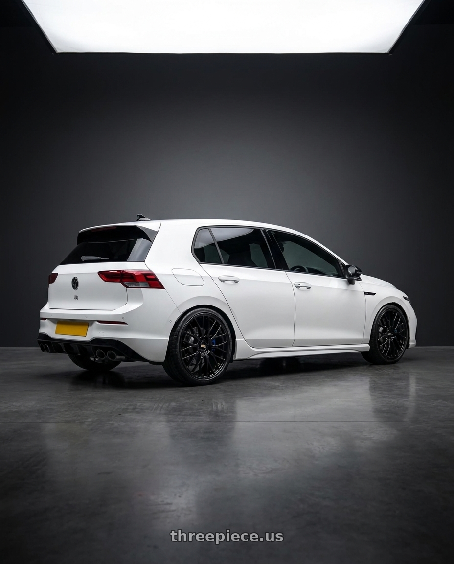 2025 Volkswagen Golf R Base with BBS LM 5x120 19x9.0+27 Diamond Black wheels rear three quarter view slight stretch tires