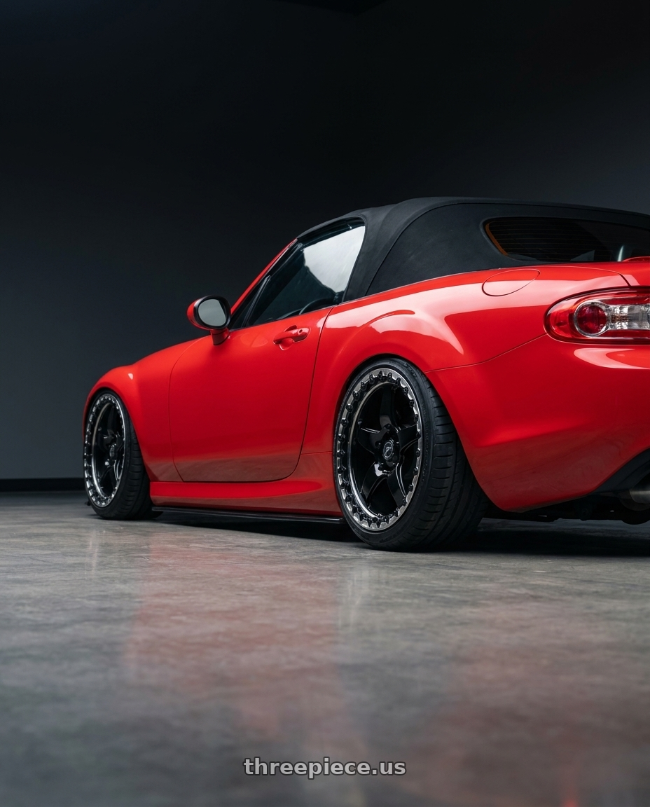 2012 Mazda MX-5 Miata NC with Forgestar D5 Beadlock 5x114.3 17x10 +50 Gloss Black Machined wheels rear three quarter view slight stretch tires