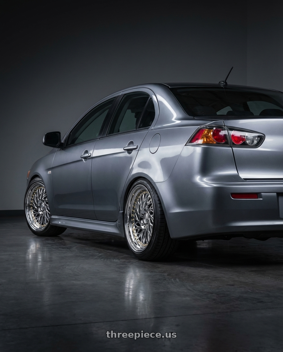 2014 Mitsubishi Lancer Ralliart with Aodhan DS03 5x114.3 18x9.5 +30 Vacuum Chrome w/Gold Rivets wheels rear three quarter view square tires