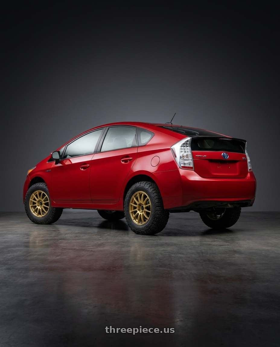 2010 Toyota Prius with Advan Racing RCx4 5x100 15x7.0 +35 RALLY GOLD wheels rear three quarter view meaty tires