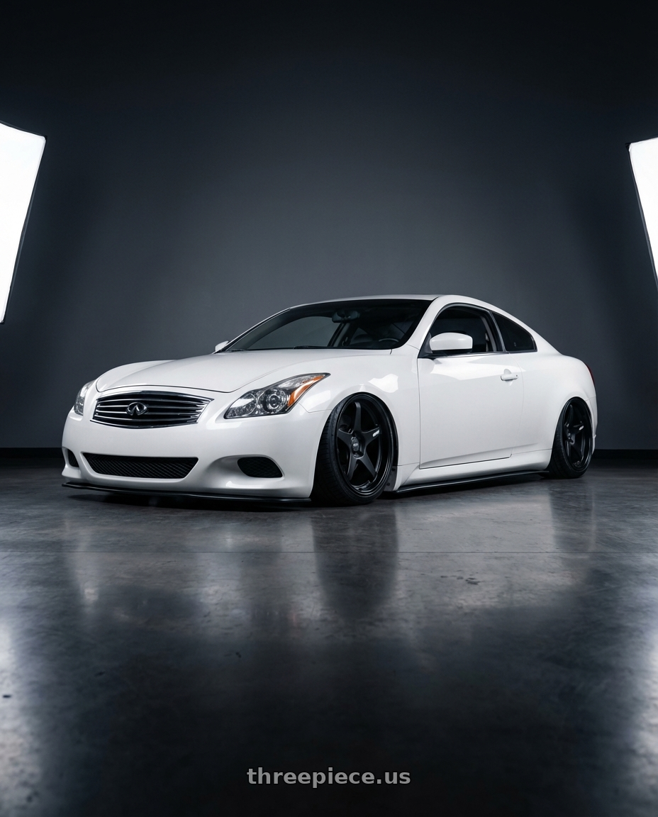 2014 Infiniti G37 Coupe with ESR Wheels APEX SERIES AP5 5x114.3 19x8.5 +30 Matte Black wheels front three quarter view stanced stance