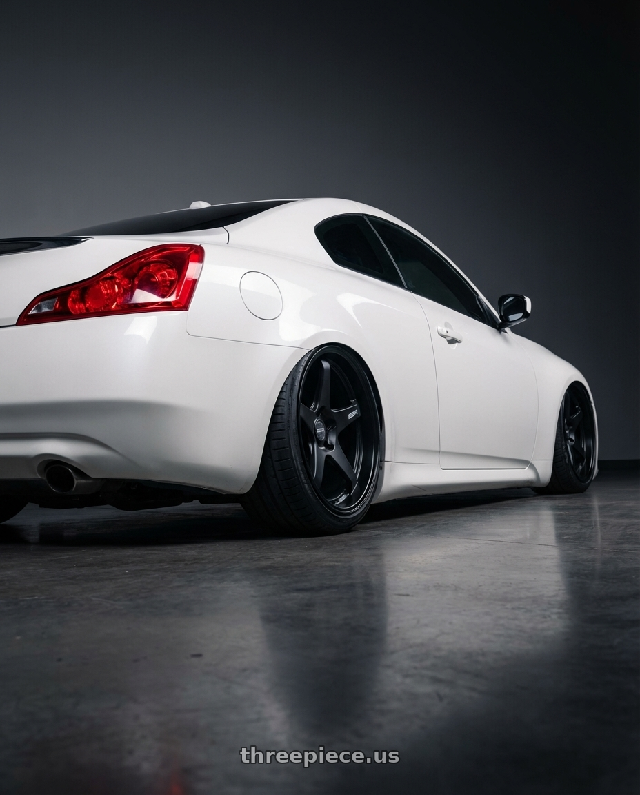 2014 Infiniti G37 Coupe with ESR Wheels APEX SERIES AP5 5x114.3 19x8.5 +30 Matte Black wheels rear three quarter view slight stretch tires