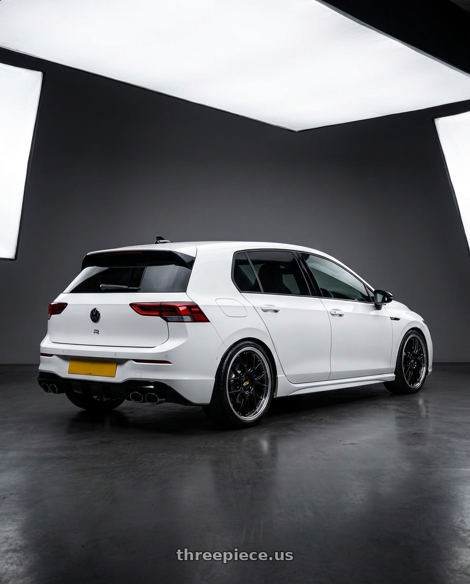 2025 Volkswagen Golf R Base with BBS LM-R 5x112 19x9.0+44 Diamond Black wheels rear three quarter view slight stretch tires