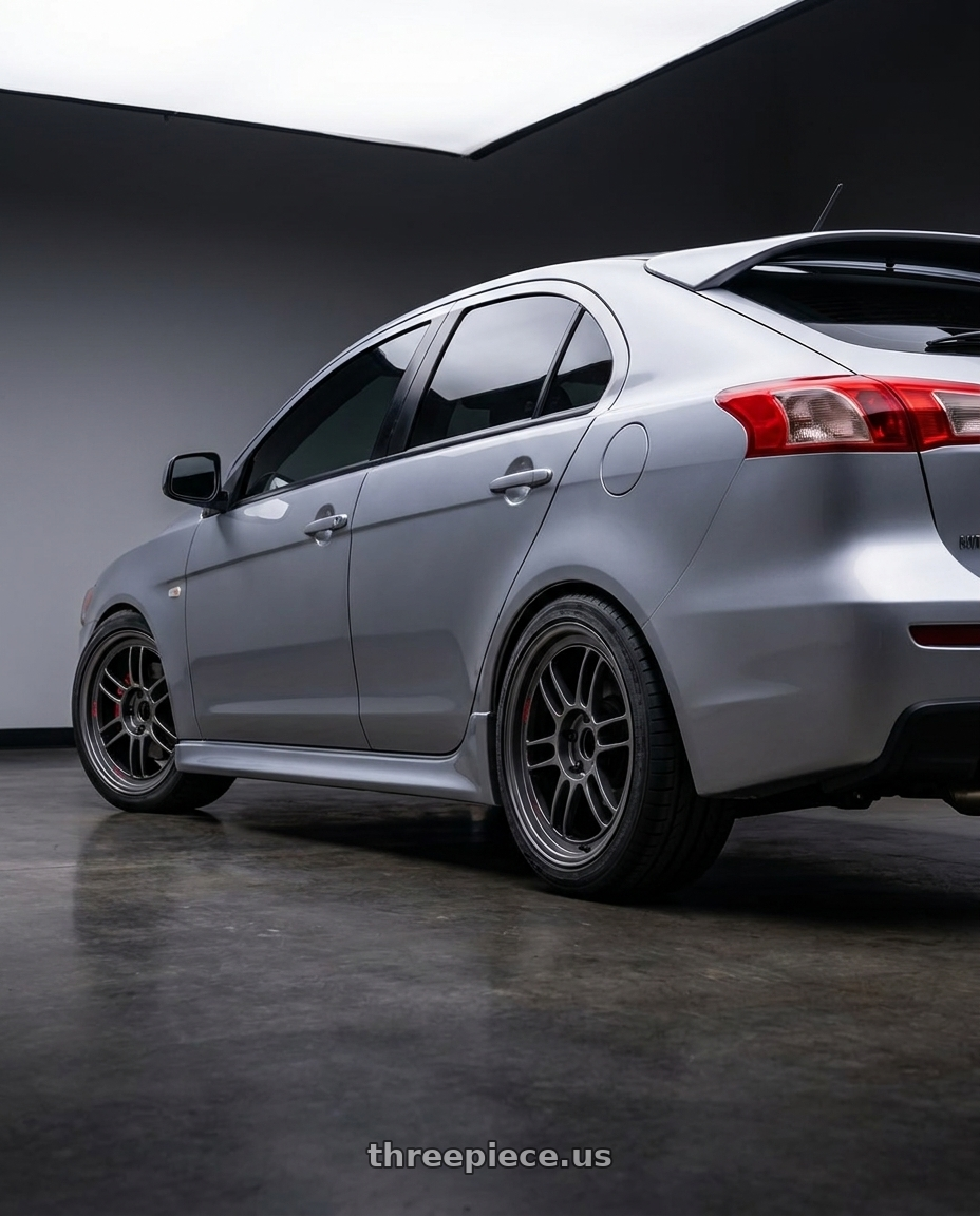 2016 Lancer Sportback CX6A with Enkei RPF1RS 5x114.3 18x9.5+12 Matte Gunmetal wheels rear three quarter view square tires