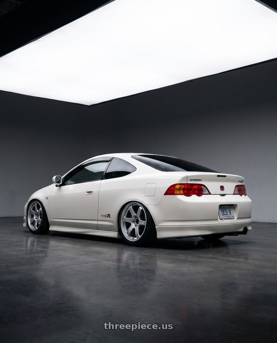 2005 Honda Integra type r with Volk Racing TE37 SAGA S-PLUS 5x120 17x9+35 Diamond Silver wheels rear three quarter view slight stretch tires