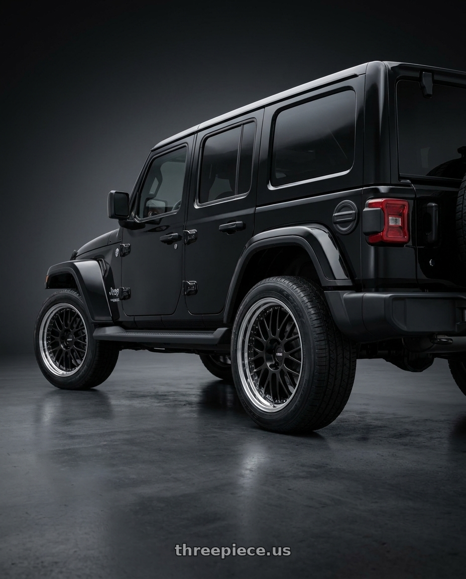 2021 Jeep Wrangler with SSR Professor MS1 5x127 18x9+44 HP Disk Black wheels rear three quarter view square tires