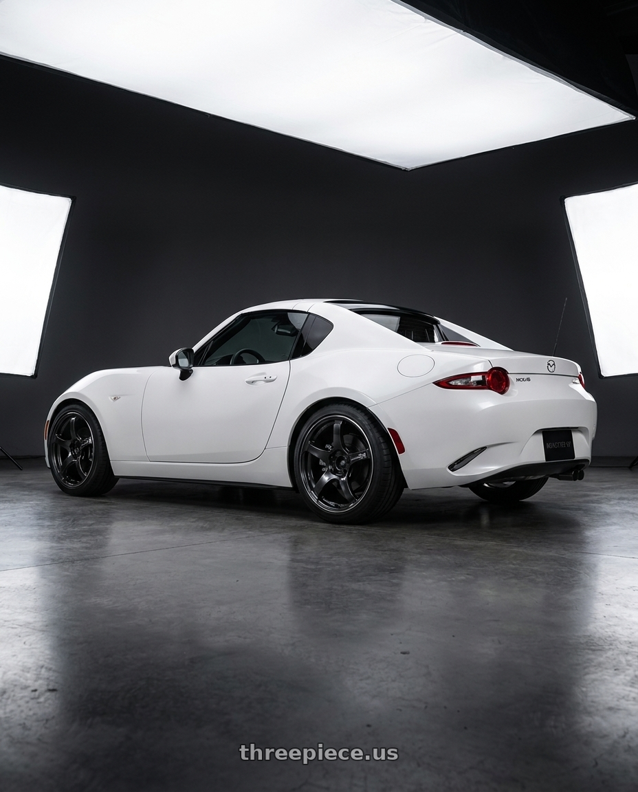 2024 MAZDA MX-5 WHITE with Advan Racing TC4 4x100 17x8.0 +35 BLACK GUNMETALLIC & RING wheels rear three quarter view square tires