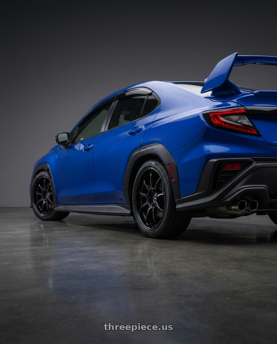 2023 subaru wrx with Work Emotion D9r 5x114.3 18x8.5 +38 Black wheels rear three quarter view square tires