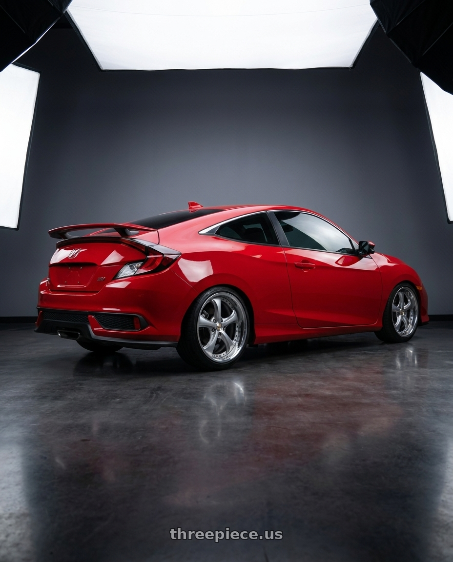 2017 Honda civic si coupe with Work Wheels VS-KF 5x114.3 18x7.5+40 Light Grey Silver O Disk FULL REVERSE wheels rear three quarter view slight stretch tires