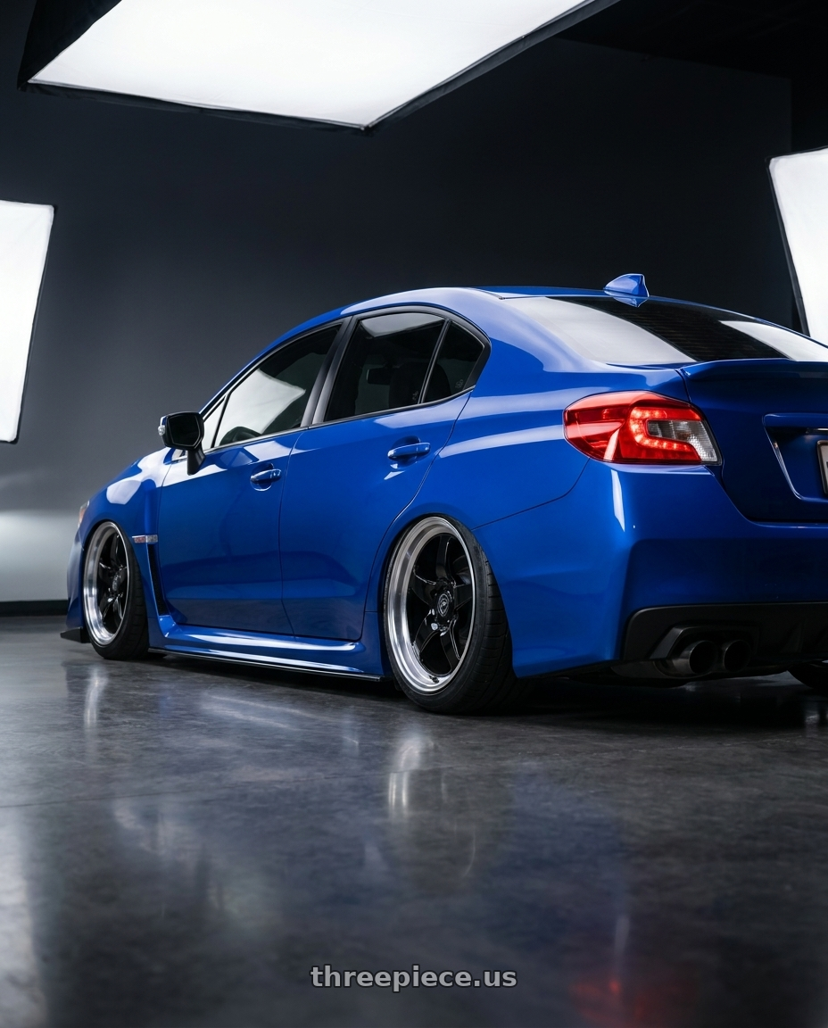 2018 Subaru WRX STI with Forgestar D5 Drag 5x114.3 18x10 +22 Gloss Black Machined wheels rear three quarter view slight stretch tires