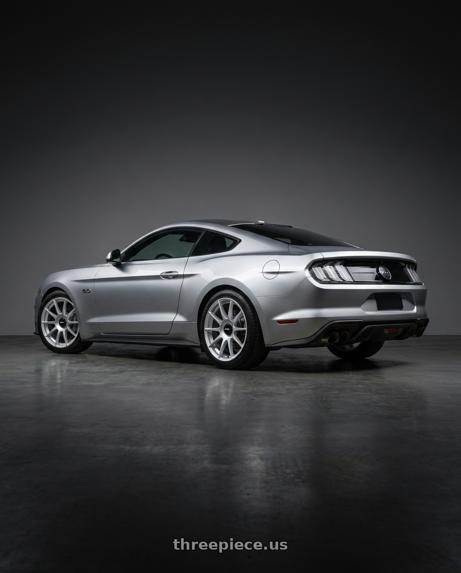 2020 ford mustang  with Rotiform 1PC R170 DTM BLANK 19X8.5 +35 SILVER wheels rear three quarter view square tires